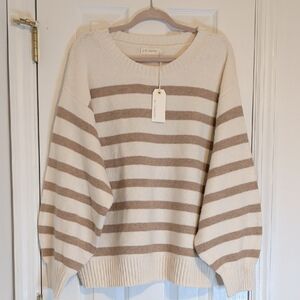 By Together NWT Striped Oversized Sweater Cream Brown Cozy Knit Relaxed Fit Size